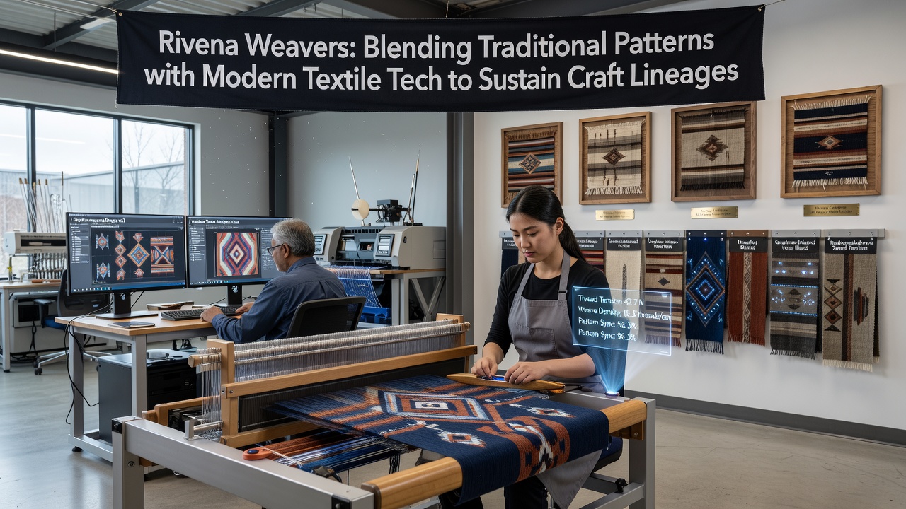 Close-up of sensor-equipped loom shuttles weaving a centuries-old Rivena border pattern on organic linen